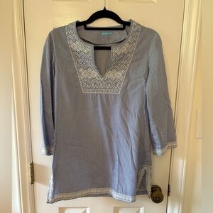 J. McLaughlin Blue White Striped Embroidered Tunic Top Size XS Cotton 3/4 Sleeve